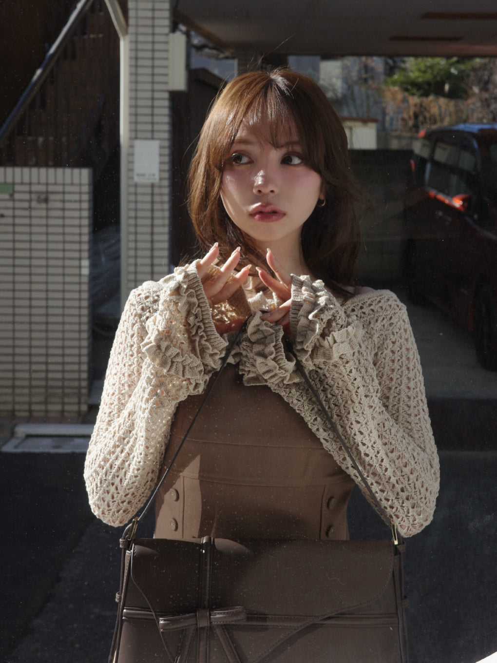 ワンピース Grenda pleats set mini dress brown ANDMARY】Grenda pleats set mini dress