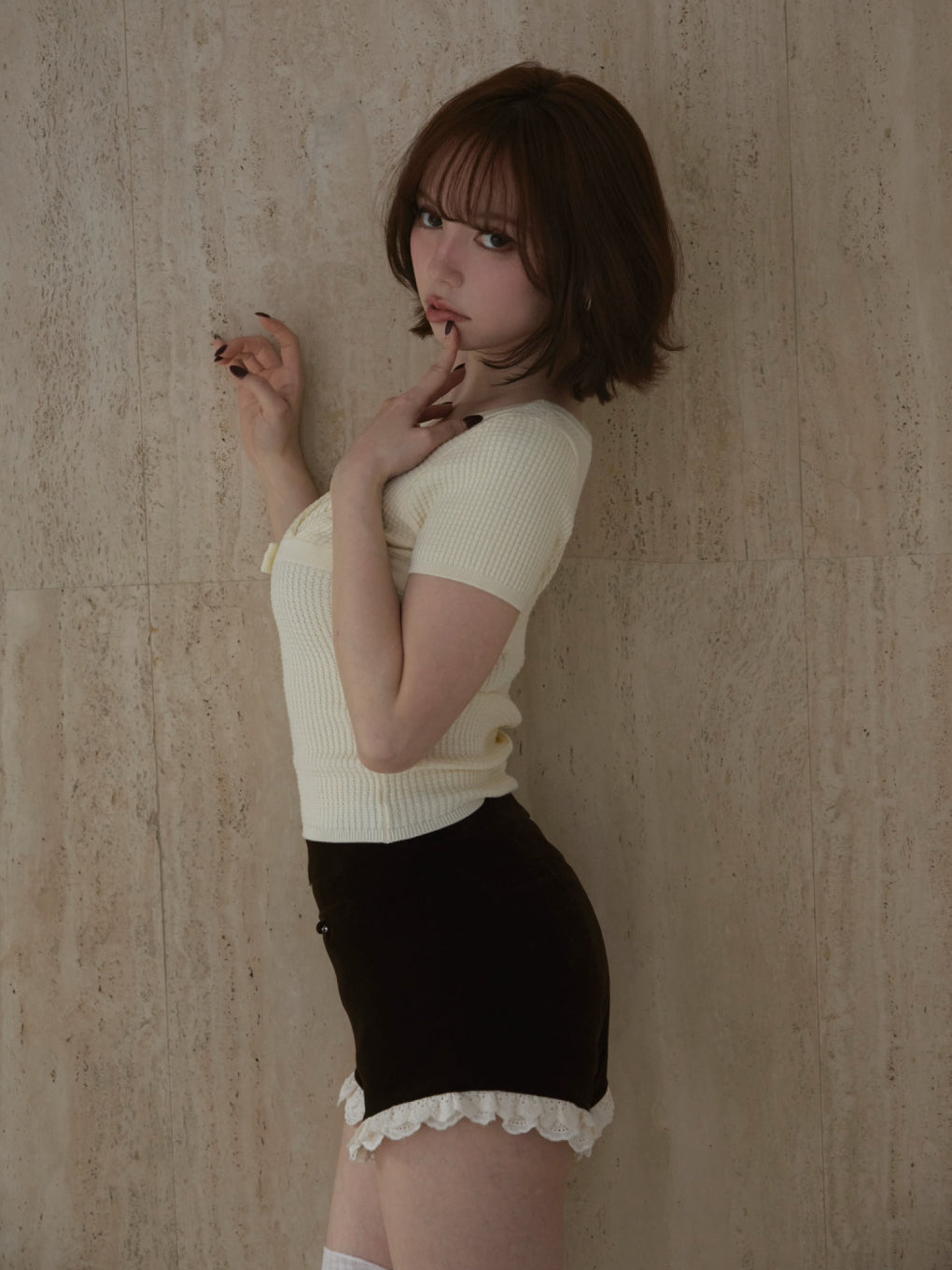 トップス andmary Waffle ribbon tops ANDMARY】Waffle ribbon tops