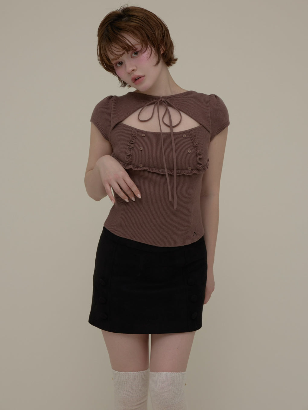 トップス andmary Bell frill knit tops brown ANDMARY】Bell frill knit tops