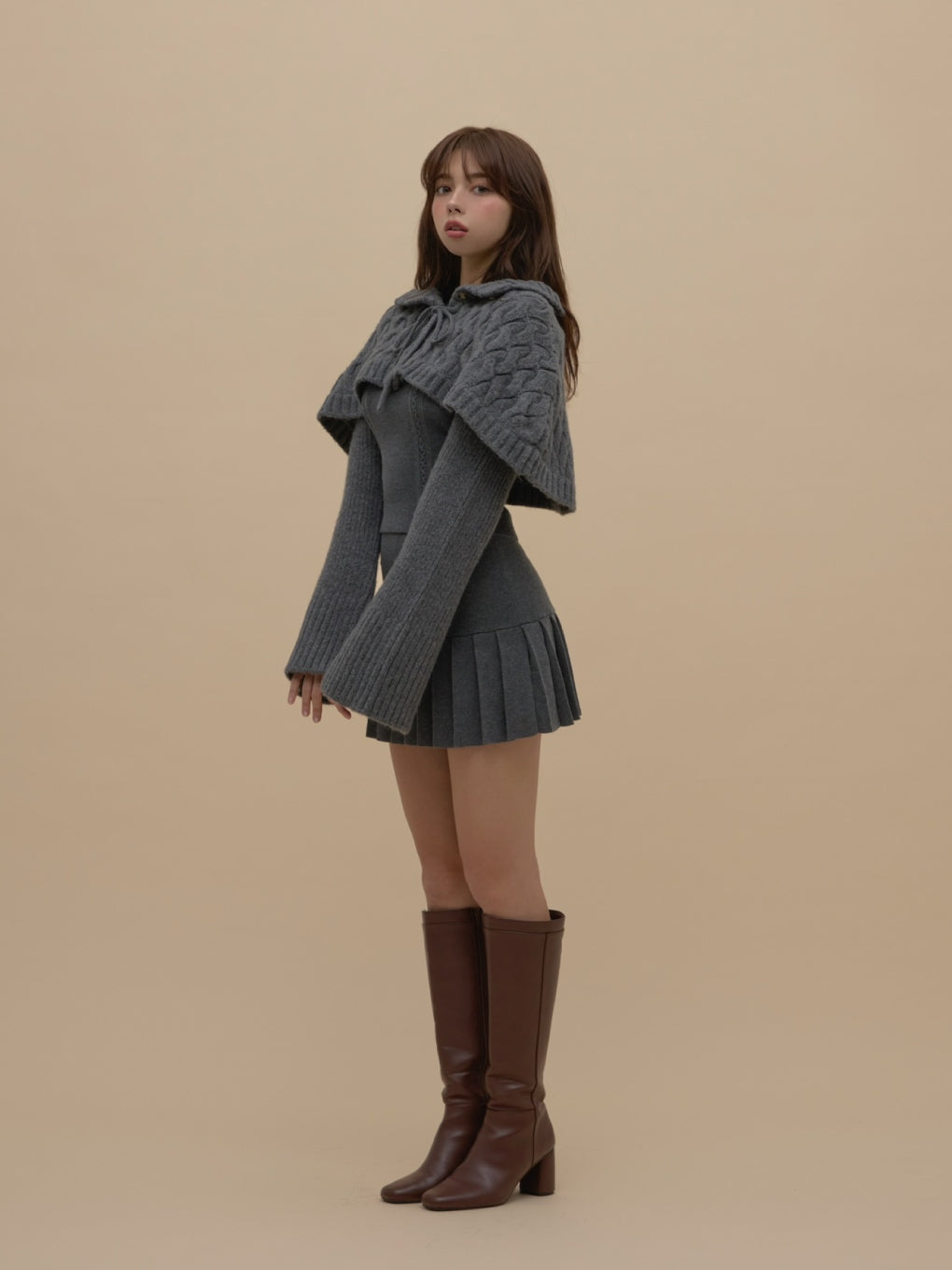 ANDMARYアンドマリーフード付ノースリーブニットワンピースとボレロセット ANDMARY】Snow cape knit set up