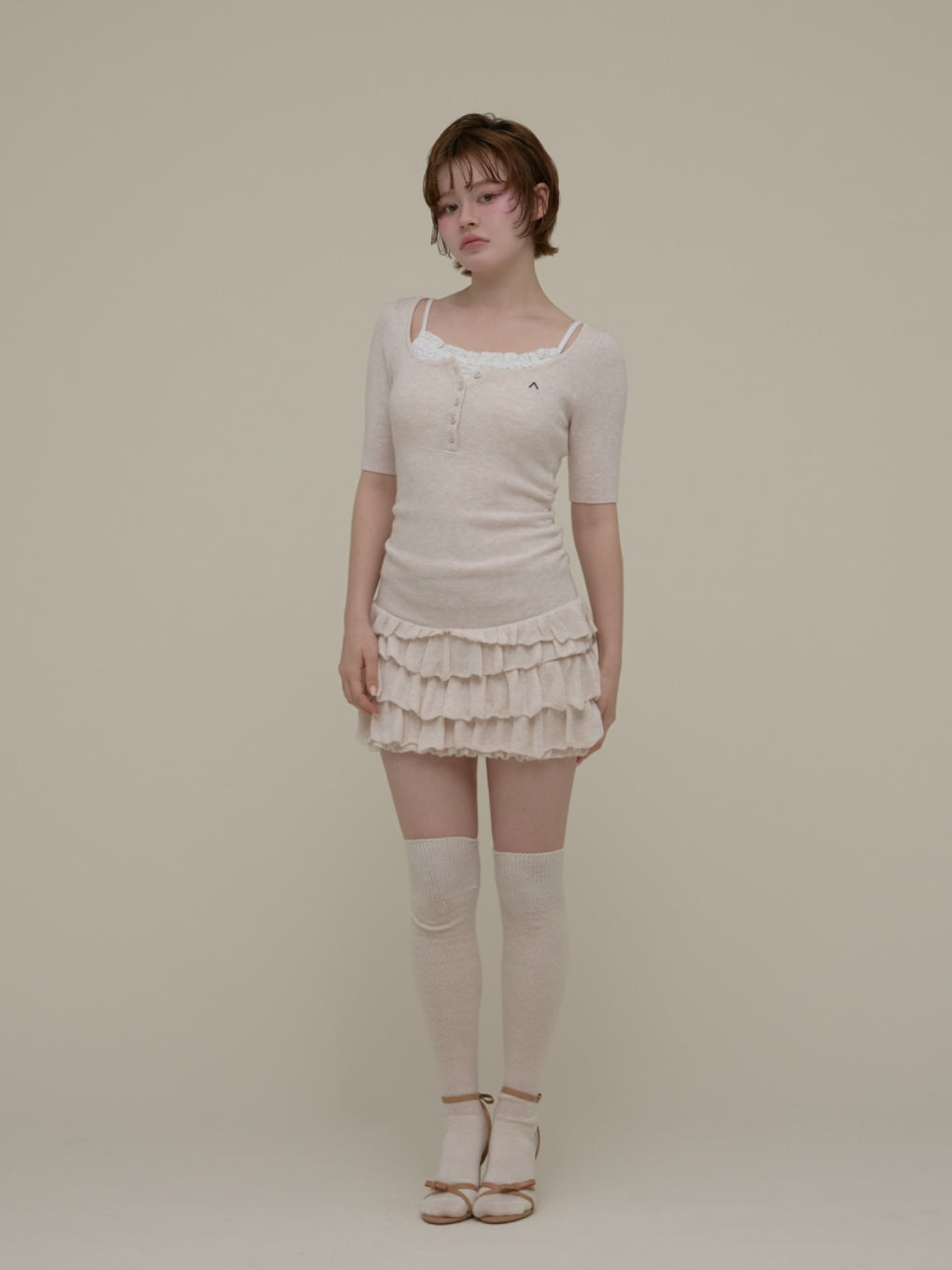 ワンピース Cyndi frill knit mini dress beige ANDMARY】Cyndi frill knit mini dress