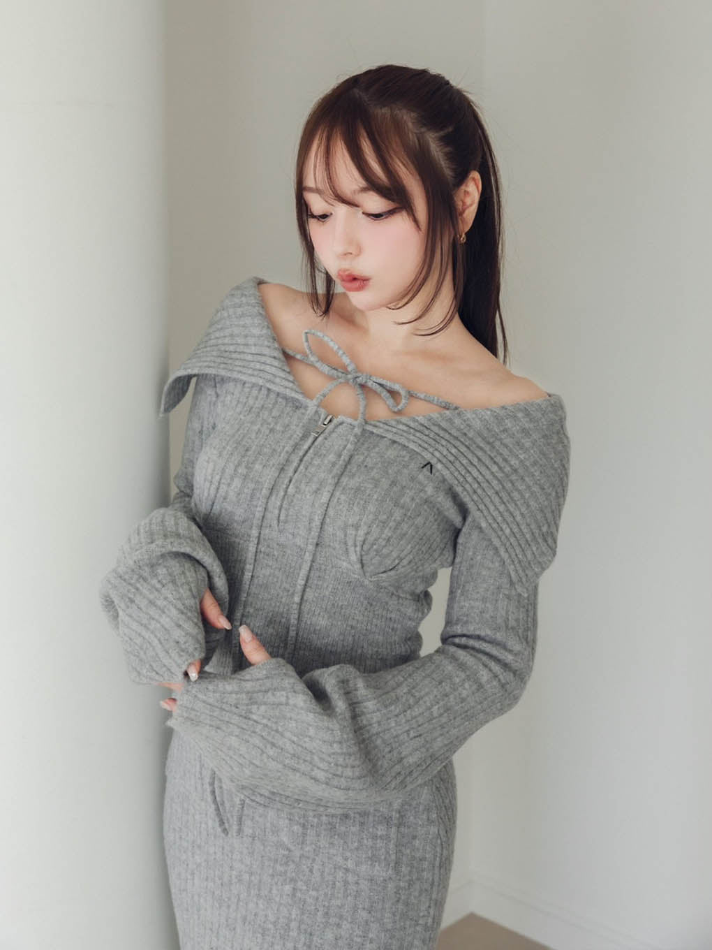 ワンピースAndmary  Noah ribbon knit dress Gray