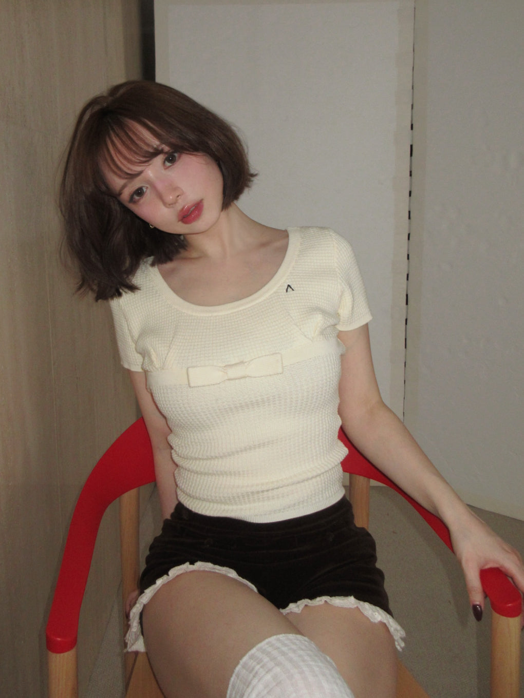 トップス Waffle ribbon tops ivory andmary ANDMARY】Waffle ribbon tops