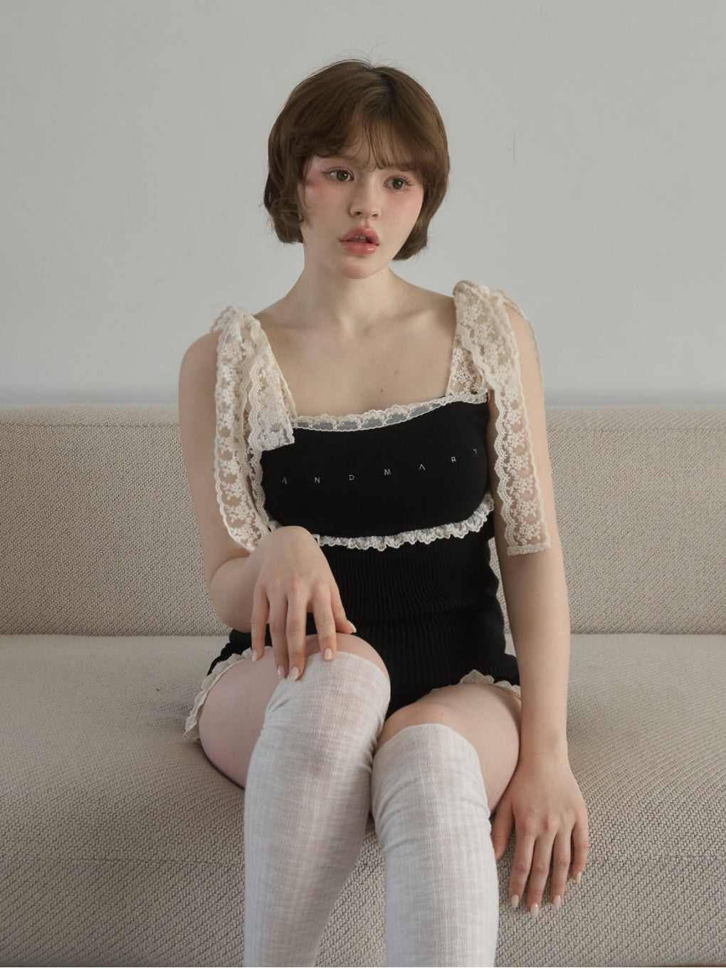 トップス BLACK ANDMARY LIL LACE KNIT TOPS ANDMARY】Lil lace knit tops