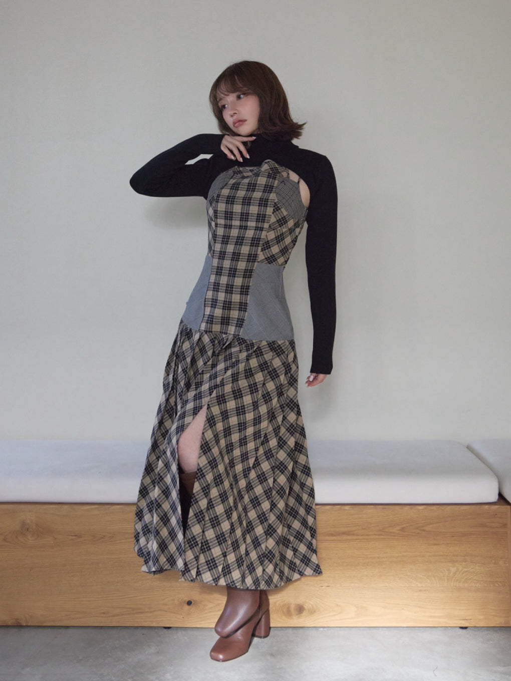 Anne check long dress