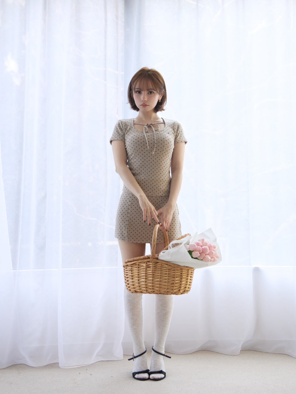 トップス andmary Meow ribbon set up beige ANDMARY】Dot ribbon set up
