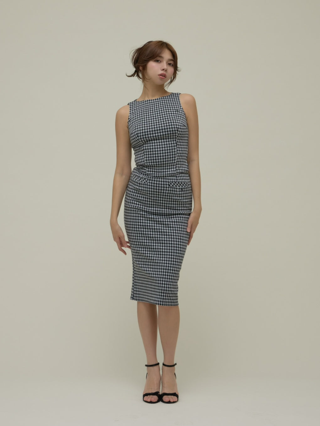 ワンピース Ruru gingham set up long ice blue ANDMARY】Ruru gingham set up long