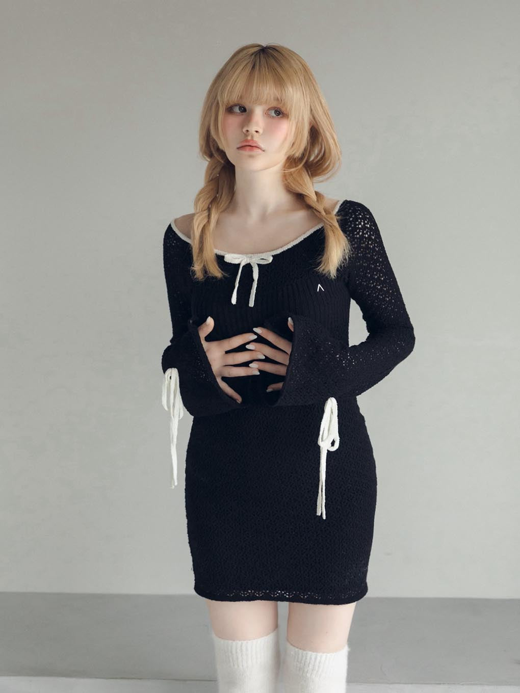 andmary Lily crochet mini dress blackブラック