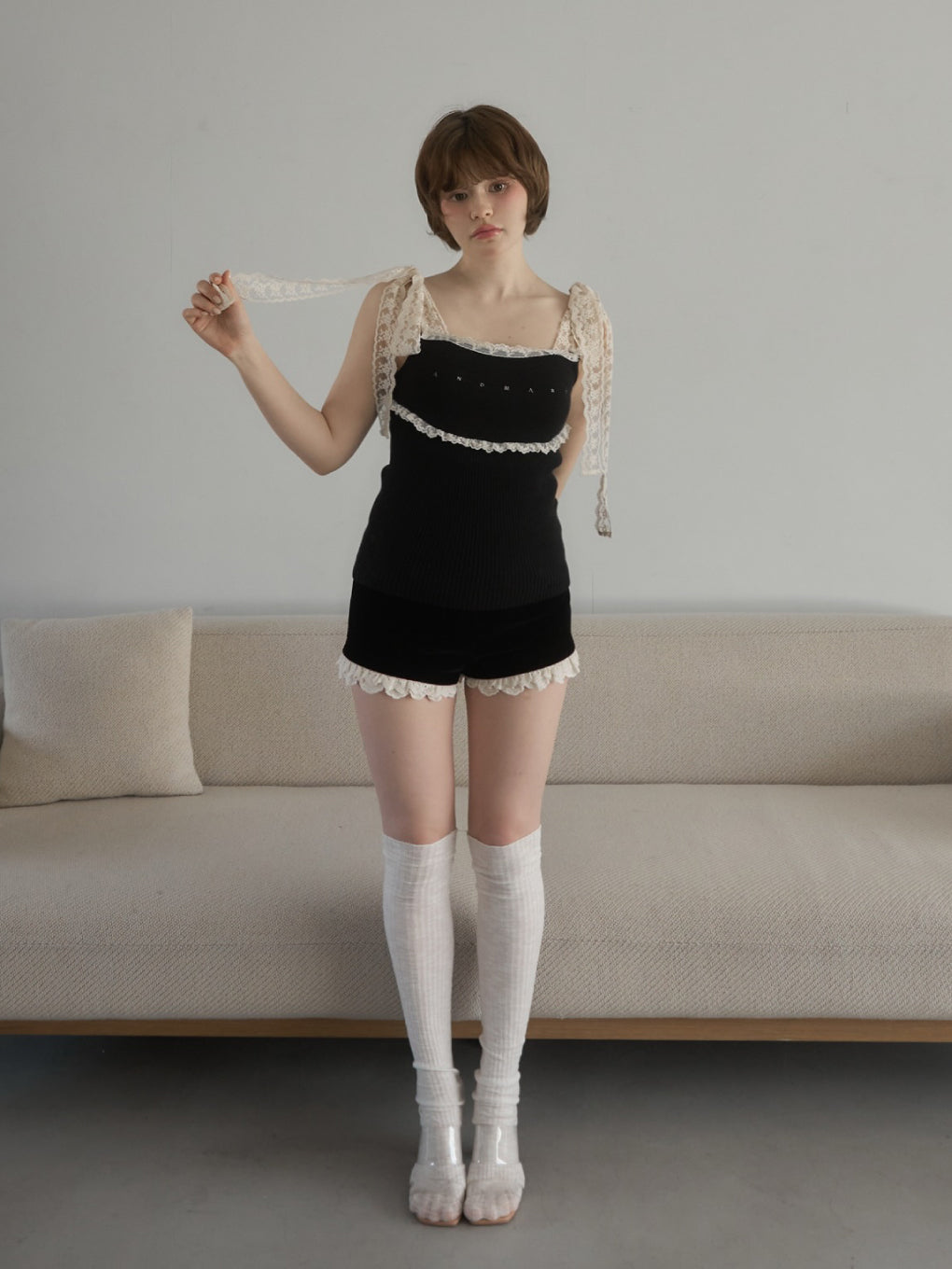 トップス BLACK ANDMARY LIL LACE KNIT TOPS ANDMARY】Lil lace knit tops