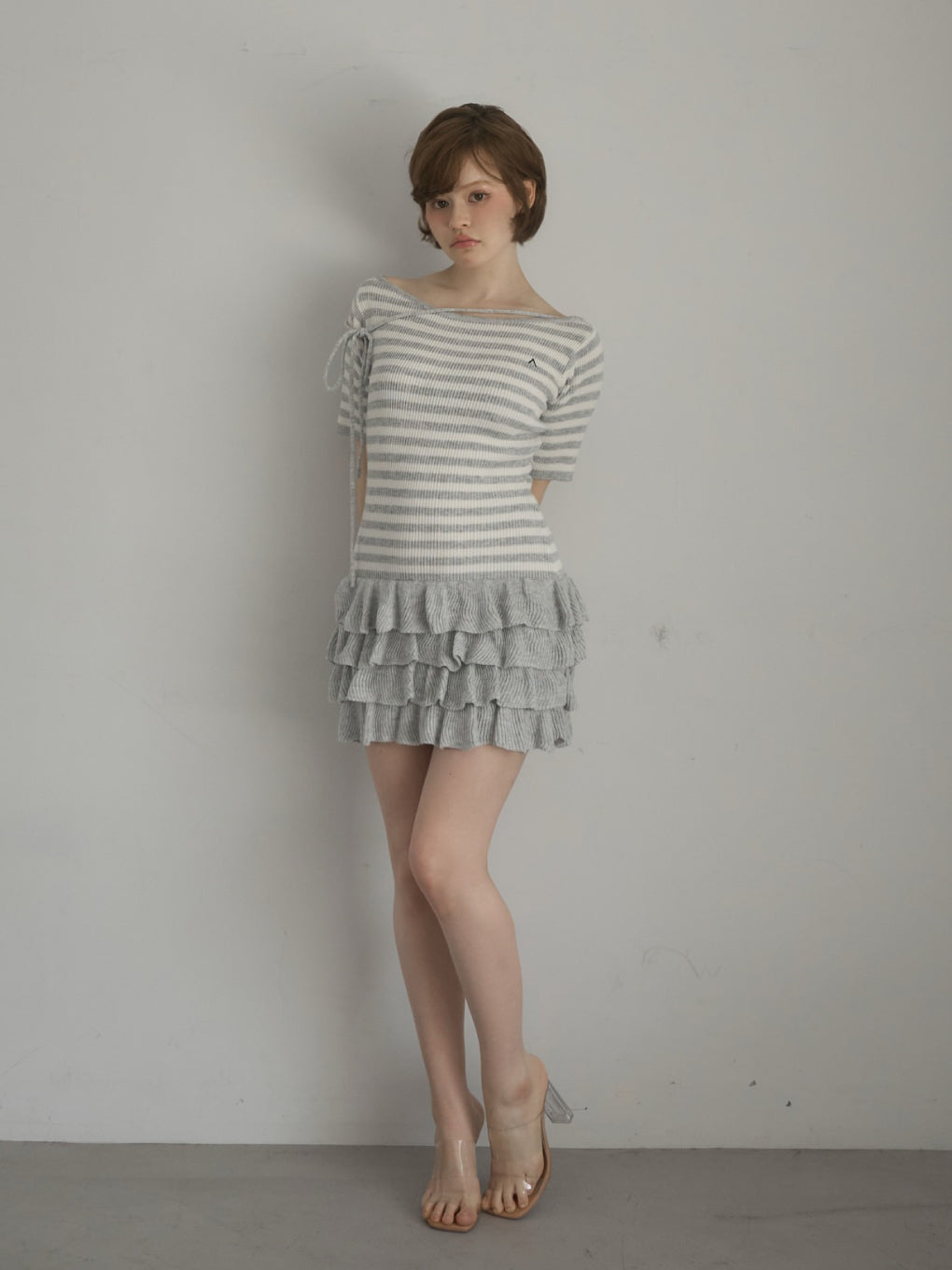 ワンピース Rachel knit frill mini dress beige ANDMARY】Rachel knit frill mini dress