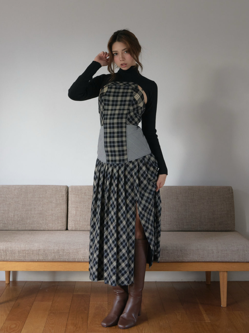 Anne check long dress