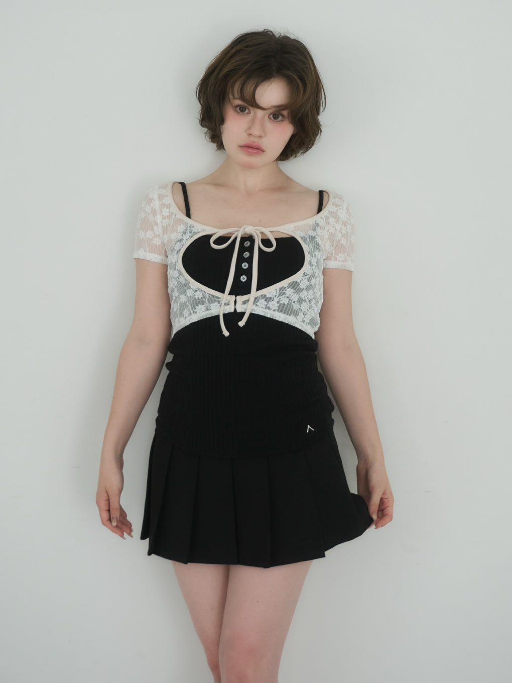 トップス ANDMARY Clala layered set gray ANDMARY】Rio lace layered set tops
