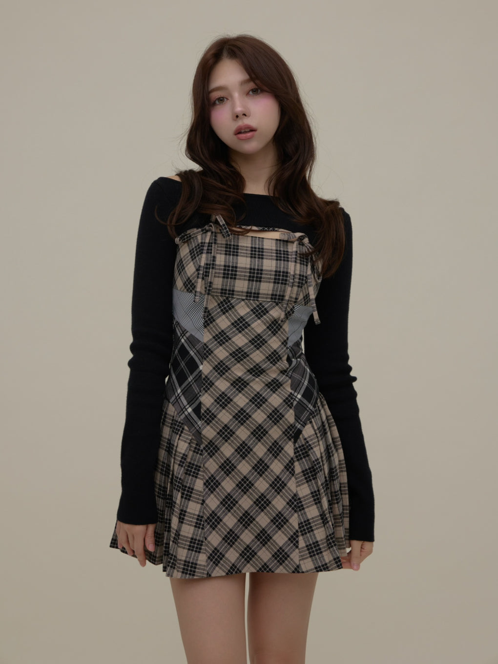 ANDMARY】Nadia check pleats mini dress