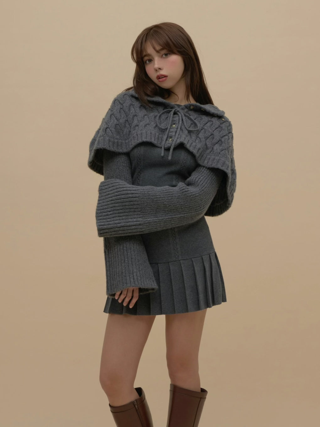 ANDMARY】Snow cape knit set up