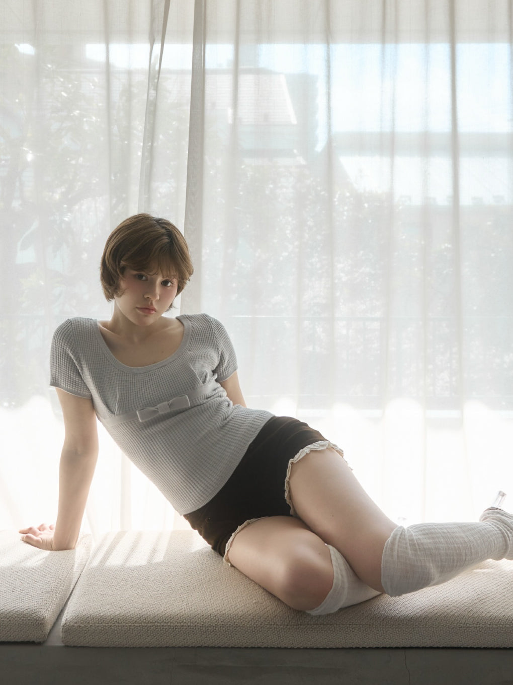 新品タグ付き andmary Waffle ribbon tops ivory ANDMARY】Waffle ribbon tops