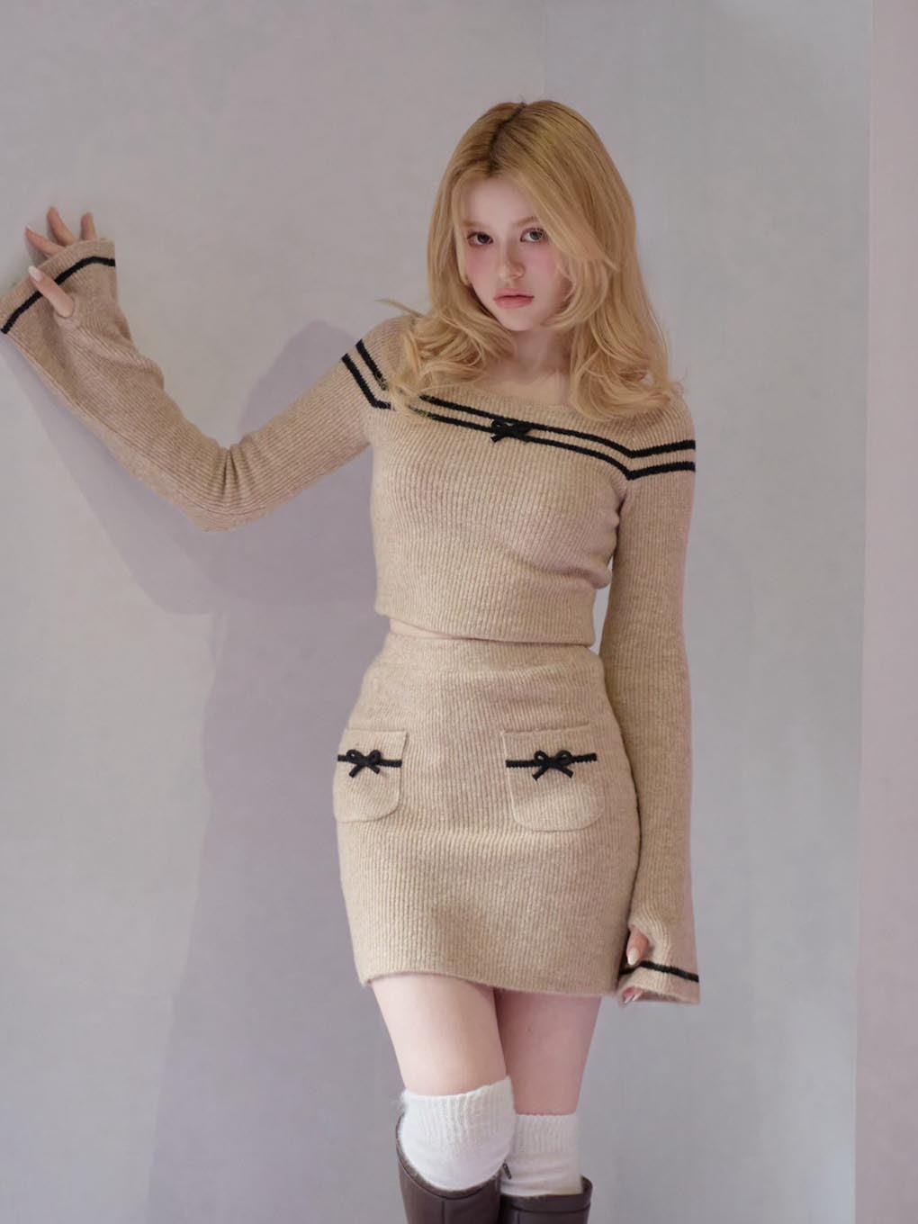 Andmary Rebecca ribbon knit tops ベージュ - positivecreations.ca