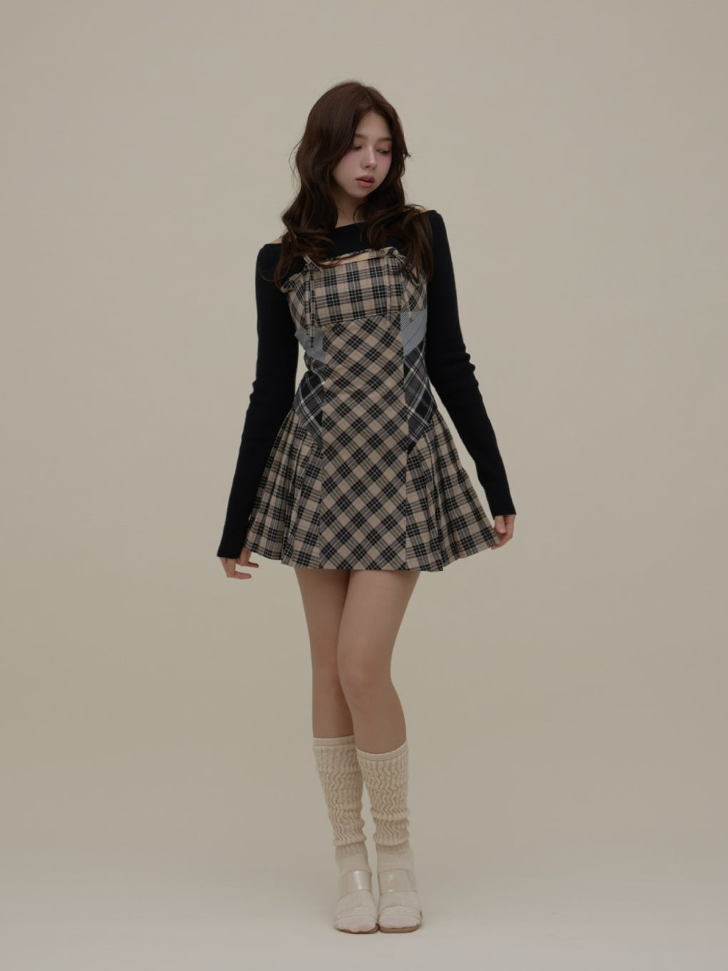 ANDMARY】Nadia check pleats mini dress