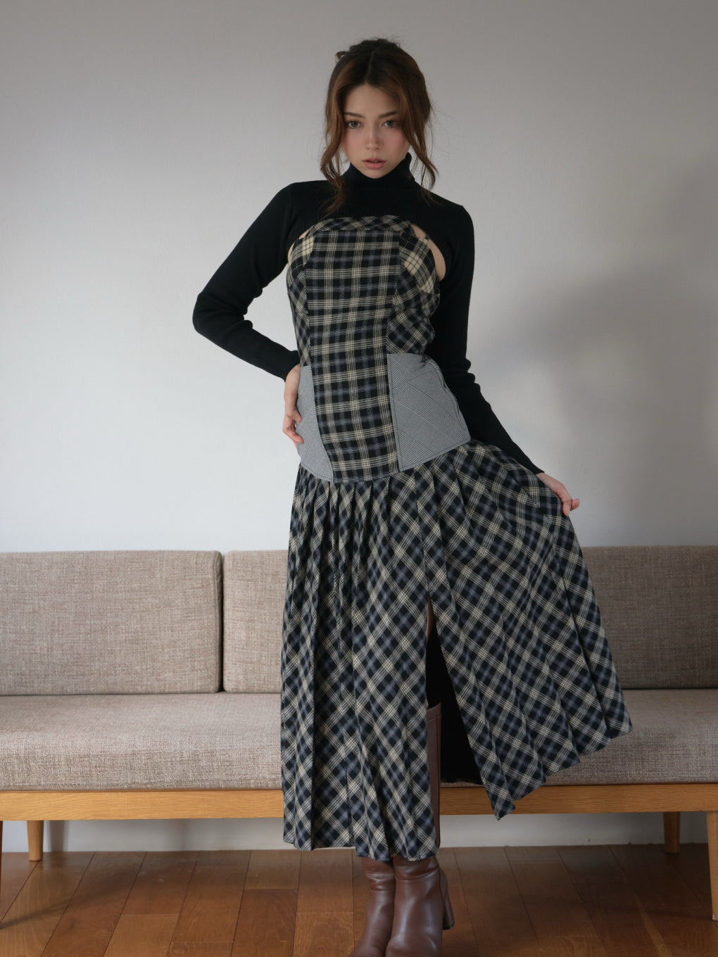 Anne check long dress