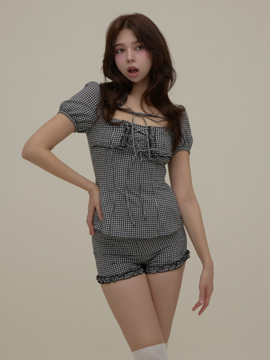 カットソー(半袖+袖なし) andmary Dorothy gingham check set up ANDMARY】Dorothy gingham check set up