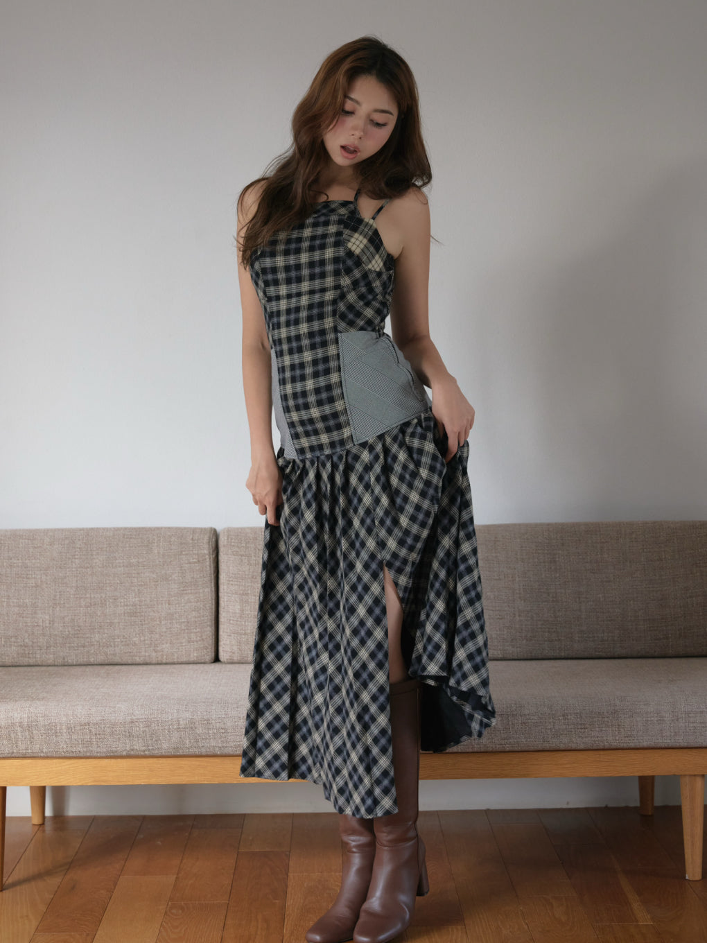 Anne check long dress