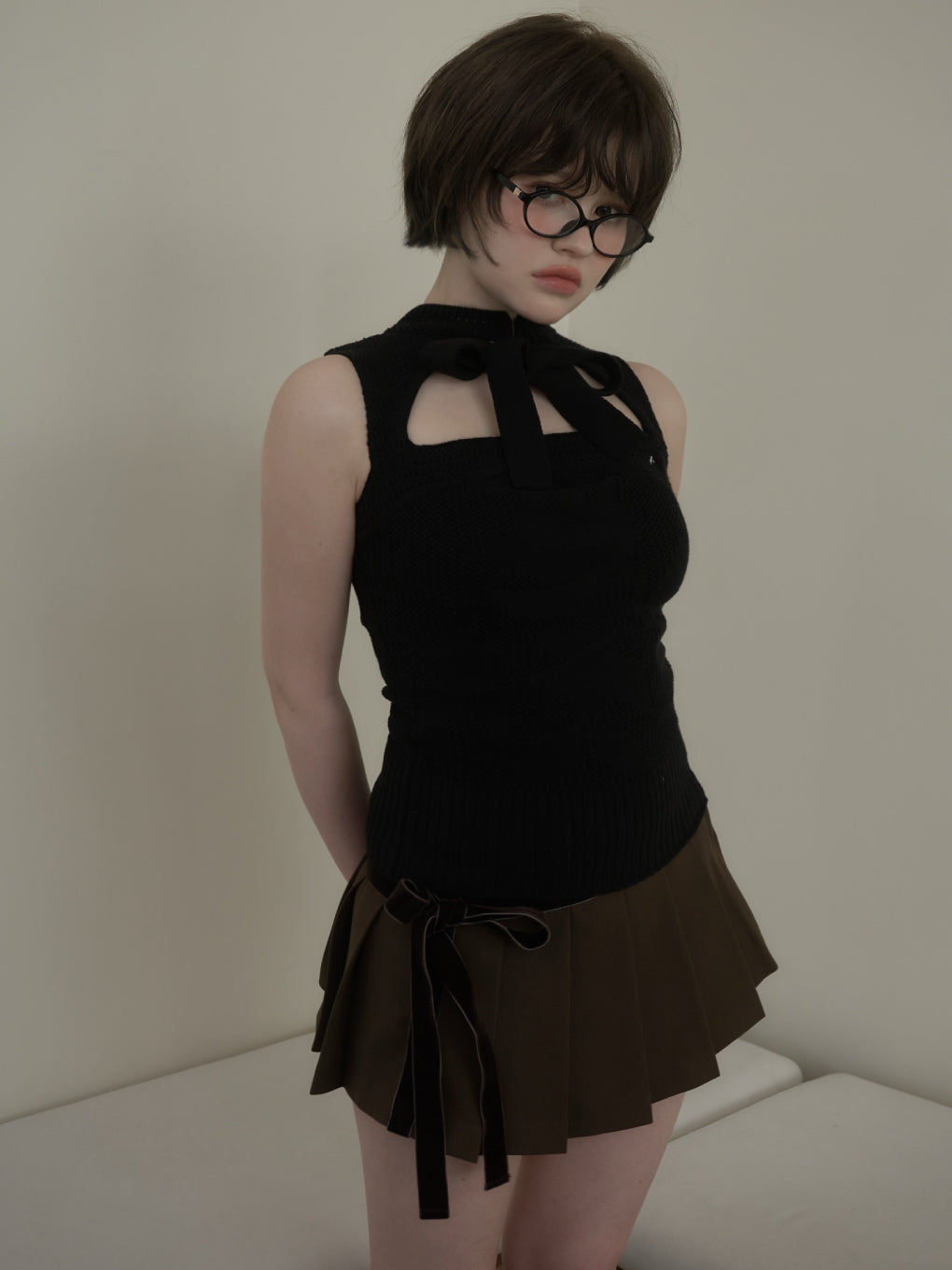 【新品】andmary Avrill ribbon tops black ANDMARY】Avrill ribbon tops