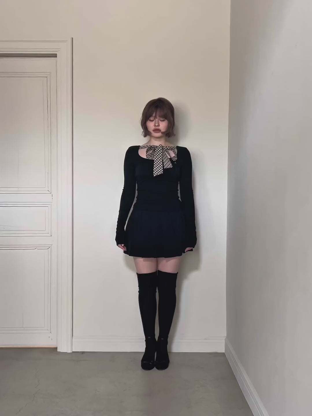 トップス Ami ribbon check tops andmary black ANDMARY】Ami ribbon check tops